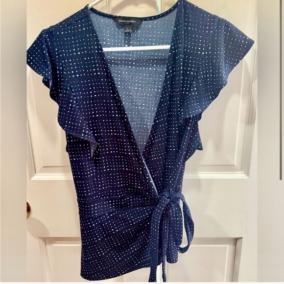 Banana Republic Navy Polka Dot Wrap Blouse Size Large - Picture 1 of 2
